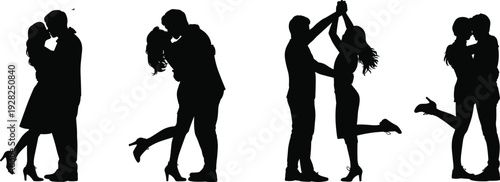 Large collection of black silhouettes featuring romantic young couples in love embracing kissing and dancing together isolated on white background for valentines day designs