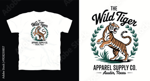 Wild tiger mascot illustration with laurel wreath for apparel supply company