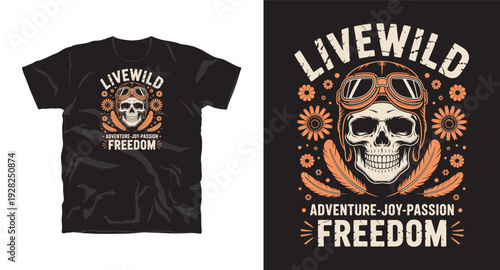 Live wild freedom vintage t-shirt design with skull wearing pilot helmet and goggles among flowers
