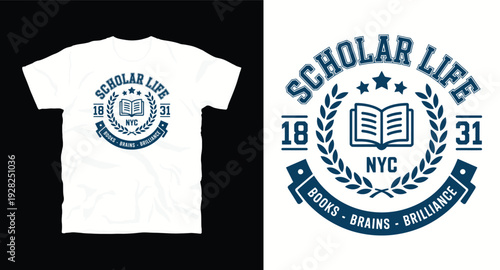 Scholar life nyc t-shirt design with book, stars, and laurel wreath
