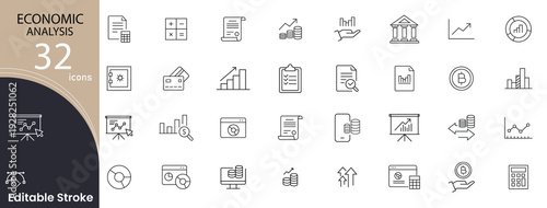 Economic analysis related icons set. Including chart, graph, data, report, growth, finance, statistics, and forecast. Editable stroke.