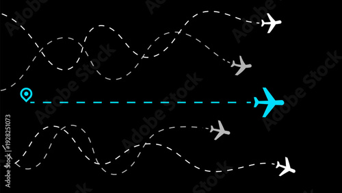 One airplane follows a direct, efficient path while others fly chaotic routes. A concept for business strategy, leadership, and finding the best solution.