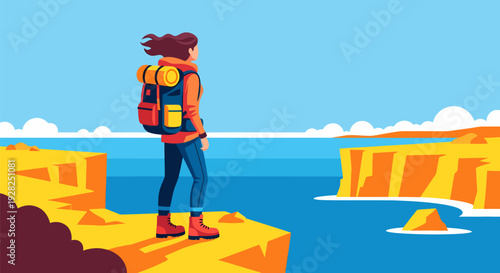 A lone hiker stands on a cliff overlooking the ocean from a high vantage point in a graphic illustration.