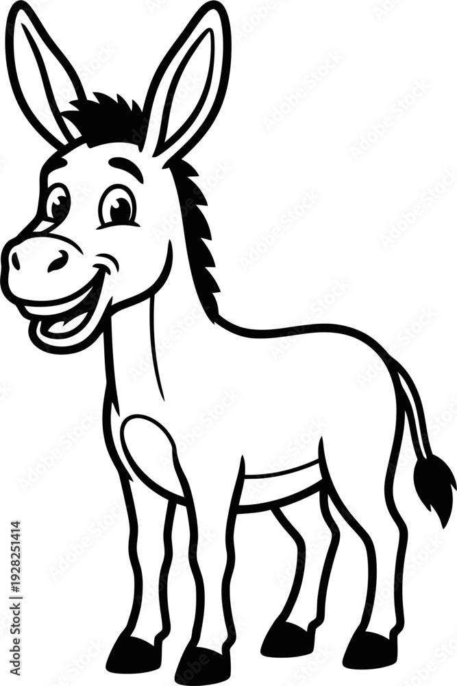 Fototapeta premium Cute Cartoon Donkey Smiling, Funny Farm Animal Character Illustration, Happy Mule Line Art, Monochrome Kids Coloring Design