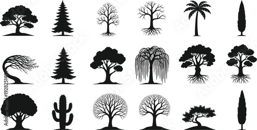 Black silhouette collection of different tree species including oak pine palm and weeping willow isolated on white background for nature and landscape designs