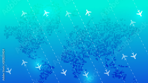 Wallpaper Mural A vector illustration of a dotted world map with airplanes flying across it. Concept for global travel, international business, aviation, and logistics. Torontodigital.ca