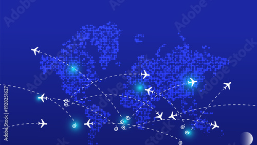 Vector illustration of a global air travel network. White airplanes fly over a blue dotted world map, showing international routes and connectivity for business.