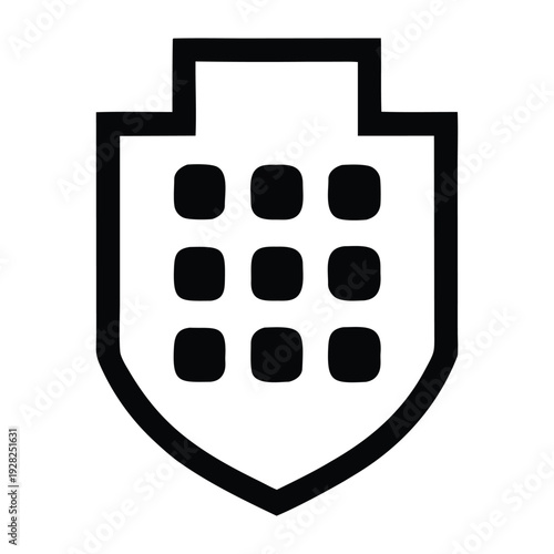 Black shield icon with keypad design representing password security, digital access control, and protected authentication system