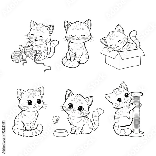 Cute Kitten Activities Coloring Page Set for Kids