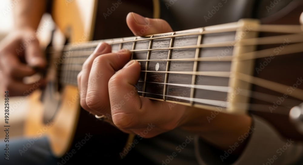 Fototapeta premium Close-up of hands playing acoustic guitar.