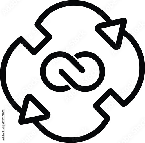 Minimalist outline icon of an infinity symbol surrounded by four circular rotating arrows