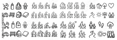 Stick figure family icons and outdoor elements