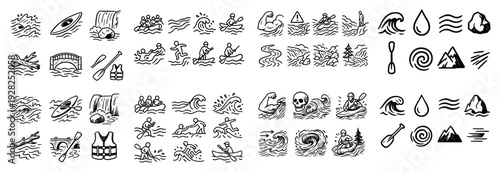 Adventure sports icons: kayaking, rafting, swimming