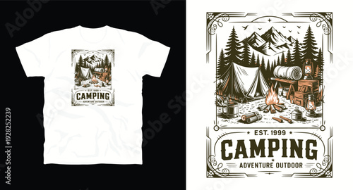 Camping scene with tent campfire and mountains at night