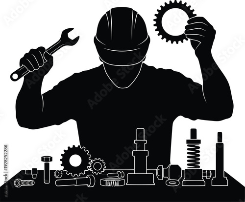 Silhouette of Mechanic Assembling Machine Parts with Tools and Gears on Workbench