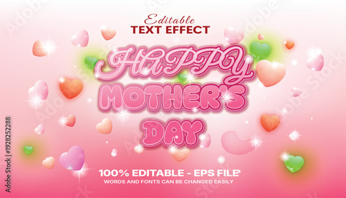 Happy Mother’s Day Editable Mother’s Day Mom Text Effect with Pink 3D Bubble Lettering 