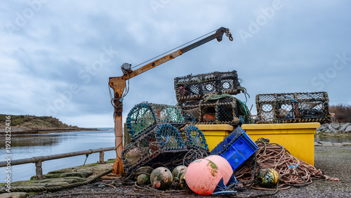 Bild auf Leinwand Lobster creels at Brora harbour in the Highlands
