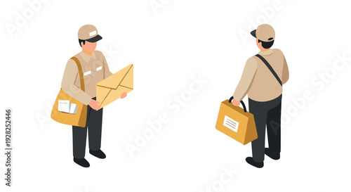 mail carrier holding envelope and bag isometric hand drawn vector illustration