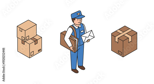 mail carrier holding package and envelope with cardboard boxes isometric illustration
