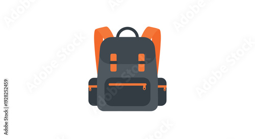 gray and orange backpack flat icon with zippered pockets and shoulder straps