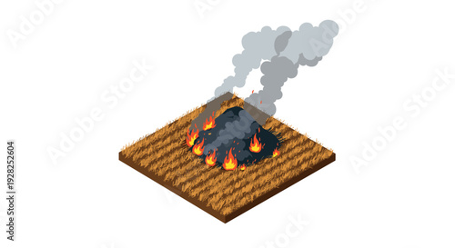 isometric burning coal pile with smoke on dry grass field fire illustration