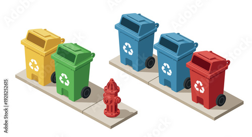 set of colorful recycling bins with wheels and red fire hydrant in isometric style for waste management