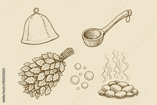 Russian sauna accessories vintage engraving vector illustration