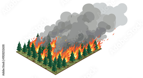 isometric forest with wild fire burning trees and thick smoke in flat style