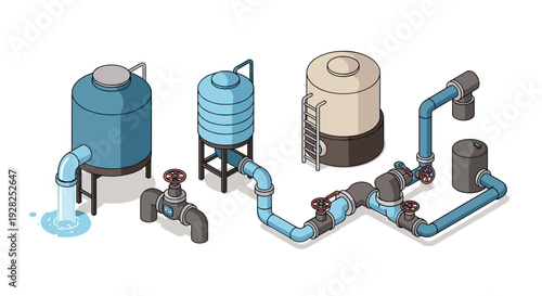 isometric water treatment plant with tanks pipes and valves hand drawn illustration for industrial design