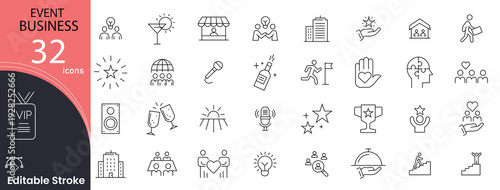 Event business related icons set. Including calendar, celebration, party, schedule, planning, invitation, venue, and organization. Editable stroke. 