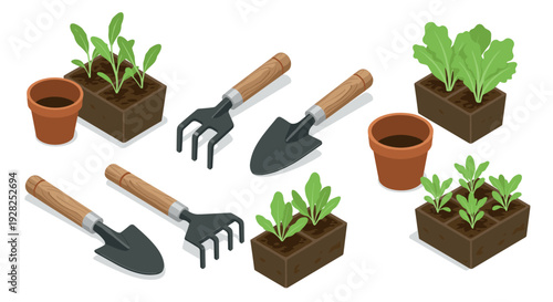 set of hand drawn gardening tools soil blocks with young plants and empty flower pots in isometric style