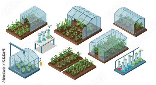 collection of isometric greenhouses with plants garden beds and laboratory plant propagation equipment
