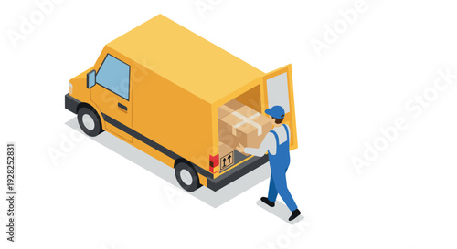 delivery worker loading boxes into yellow cargo van isometric illustration