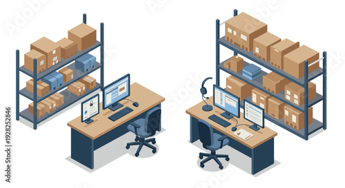 isometric office workspace with computer desks and storage shelves filled with cardboard boxes in modern logistics environment