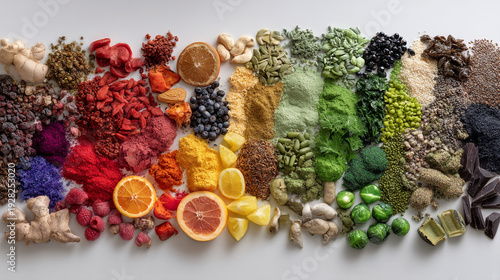 Vibrant rainbow display of healthy superfoods and ingredients arranged in color spectrum order.