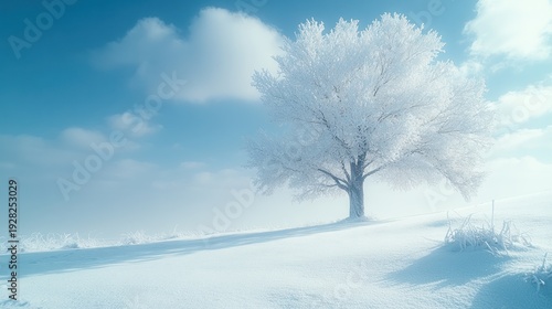 Snow covered tree stands gracefully in a winter wonderland under bright blue sky