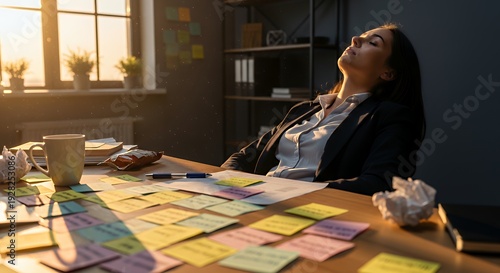 Exhausted businesswoman leaning back in office chair with eyes closed messy desk covered in sticky notes and deadlines warm sunset light through window emotional workplace burnout theme