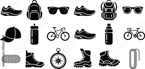 Outdoor adventure sport icon set illustration, hiking cycling camping equipment silhouettes, backpack shoes bike compass accessories, black white vector collection
