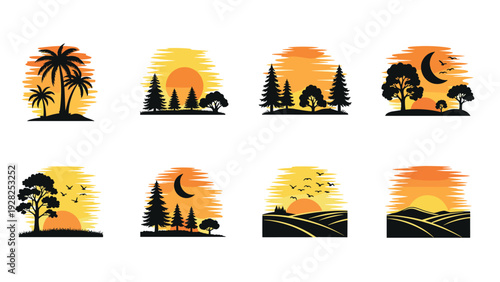sunset and sunrise nature landscapes set with trees hills birds and moon in hand drawn style