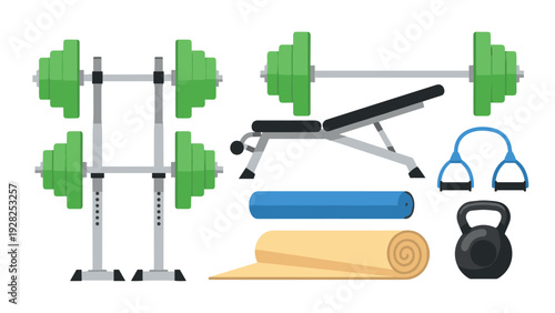 set of gym and fitness equipment with barbell bench press resistance bands kettlebell and exercise mats flat style