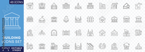 Building Line Icons set. Contains icons of residential and public buildings: office, government, school, hotel, university, hospital Etc. Fully Editable. Vector illustration.