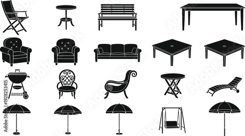 Black silhouette collection of outdoor garden furniture including chairs tables sofa umbrella and barbecue grill isolated on white background for patio design concepts