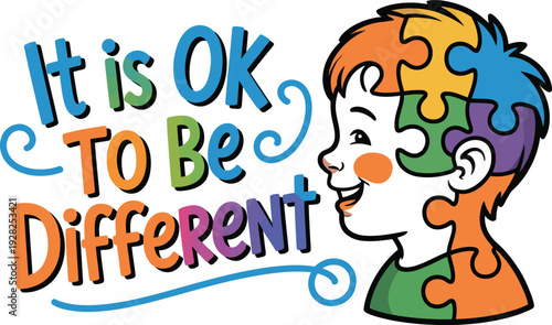 Cartoon boy with puzzle piece hair and inspiring message