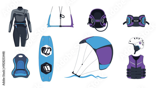 kitesurfing equipment set with harness wetsuit board helmet and safety vest in hand drawn style