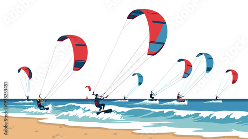 kitesurfing group on waves beach water sports vector illustration