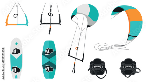 kite surfing equipment set with colorful kites boards harnesses and control bars in flat style