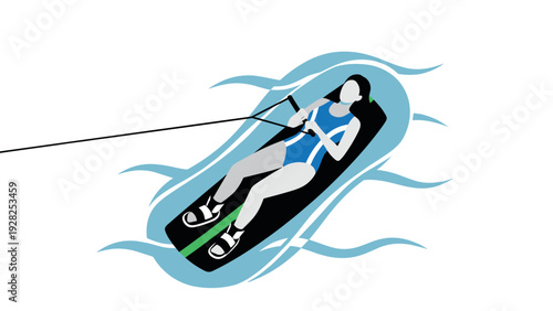 woman water skiing in blue swimsuit on water waves hand drawn vector illustration
