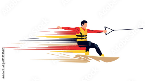 man wakeboarding with life jacket and speed effect hand drawn vector illustration