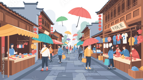busy asian street market with traditional buildings and people carrying colorful umbrellas in flat style