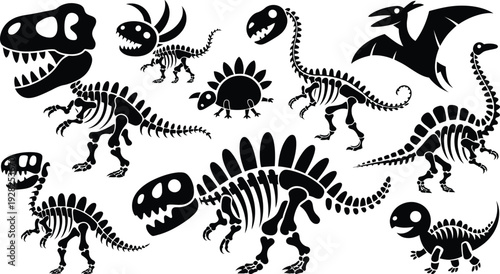 Collection of various dinosaur skeletons and fossils in black
